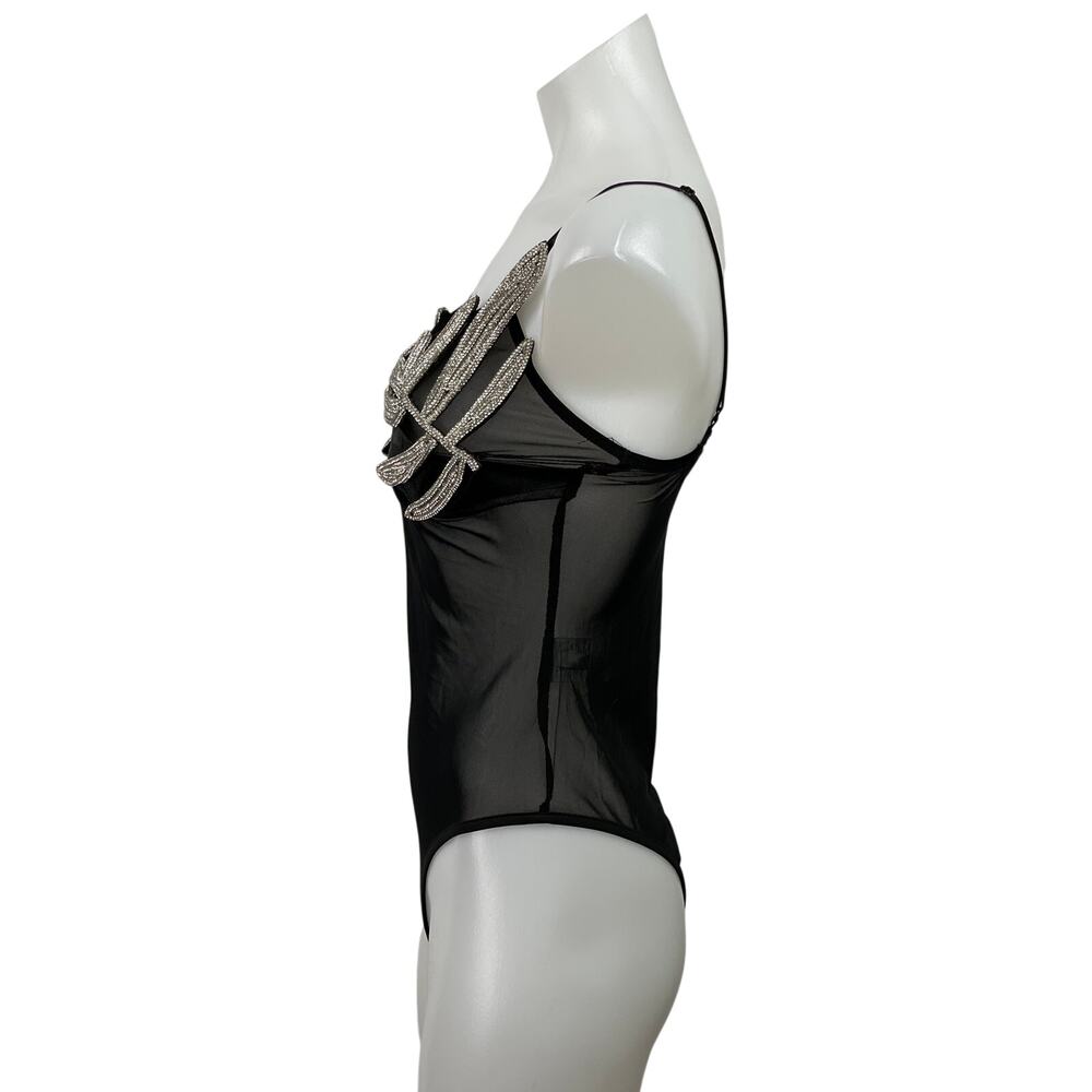 TU Black Silver Rhinestone Leaf Mesh Sheer Sleeveless Cami Bodysuit Top Size S - Picture 2 of 4